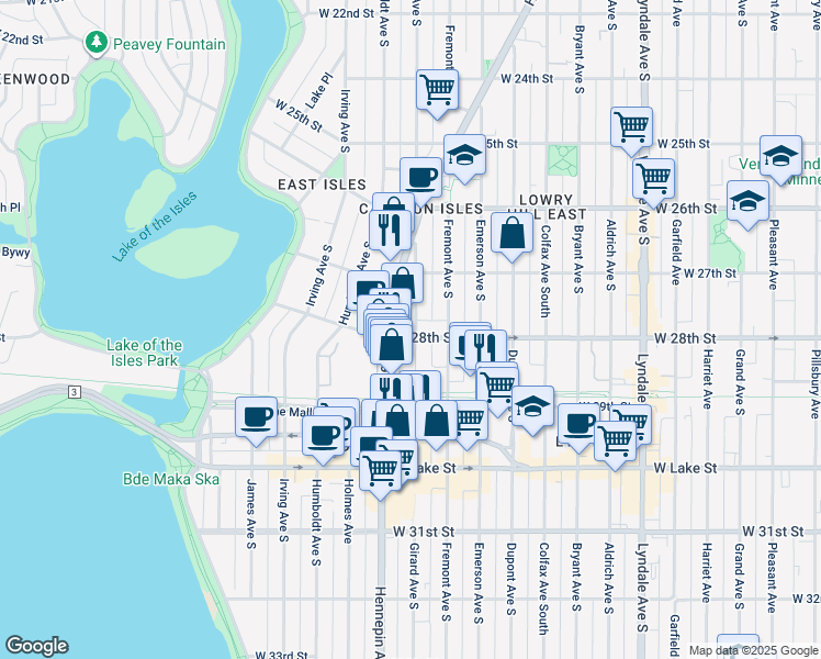 map of restaurants, bars, coffee shops, grocery stores, and more near 1402 West 28th Street in Minneapolis