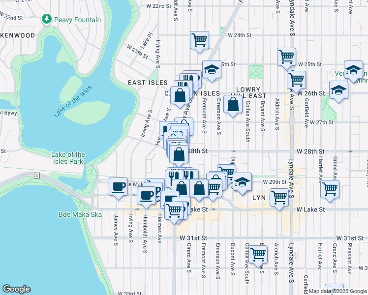 map of restaurants, bars, coffee shops, grocery stores, and more near 1402 West 28th Street in Minneapolis