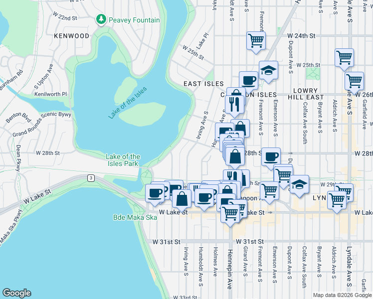 map of restaurants, bars, coffee shops, grocery stores, and more near 2817 Irving Avenue South in Minneapolis