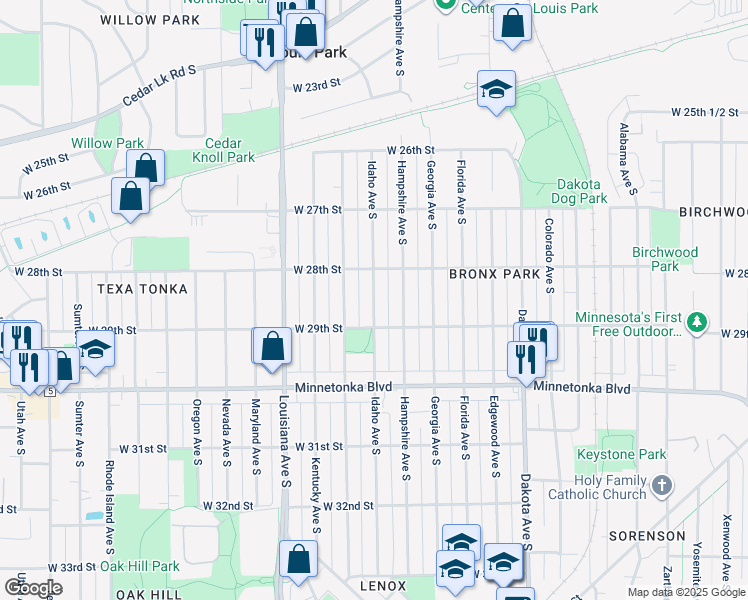 map of restaurants, bars, coffee shops, grocery stores, and more near 2832 Idaho Avenue South in Minneapolis