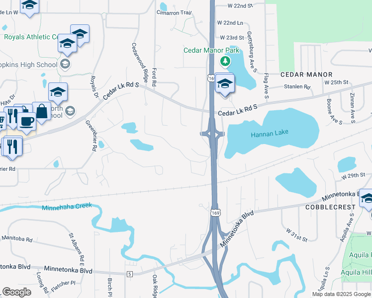map of restaurants, bars, coffee shops, grocery stores, and more near 2828 Jordan Avenue South in Minnetonka