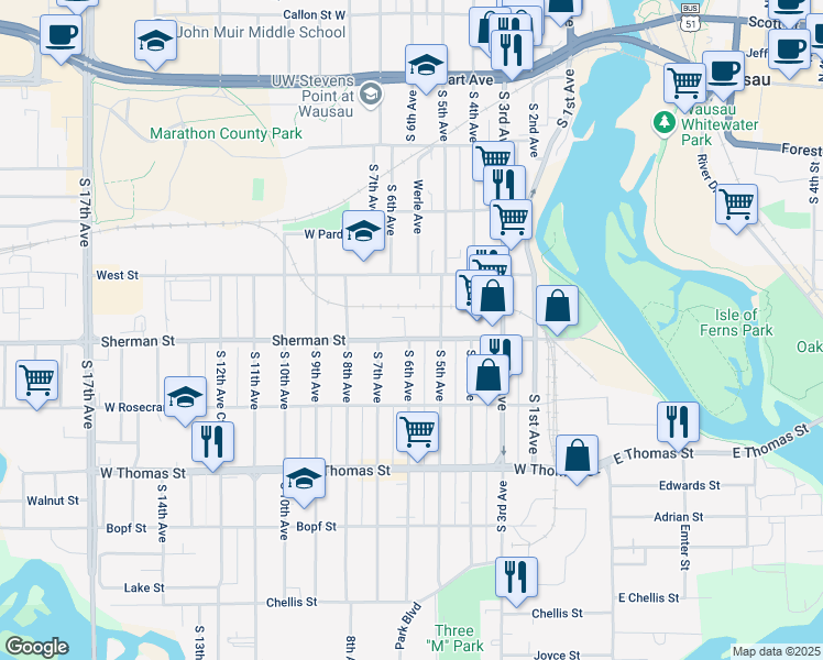 map of restaurants, bars, coffee shops, grocery stores, and more near 508 Sherman Street in Wausau