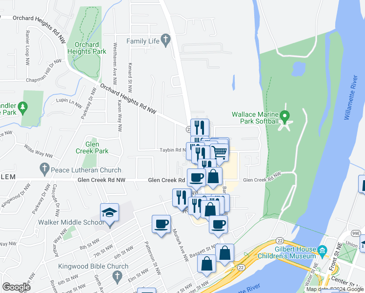 map of restaurants, bars, coffee shops, grocery stores, and more near 671 Taybin Road Northwest in Salem