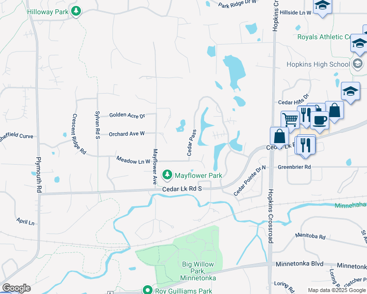 map of restaurants, bars, coffee shops, grocery stores, and more near 11674 Cedar Pass in Hopkins