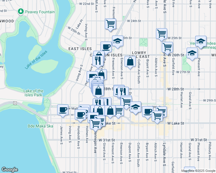 map of restaurants, bars, coffee shops, grocery stores, and more near 1402 West 28th Street in Minneapolis