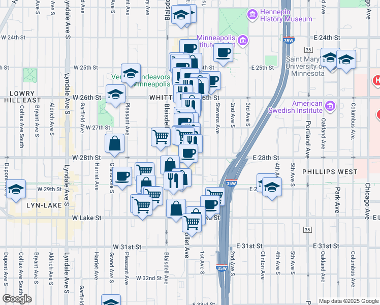 map of restaurants, bars, coffee shops, grocery stores, and more near 2745 Nicollet Avenue in Minneapolis