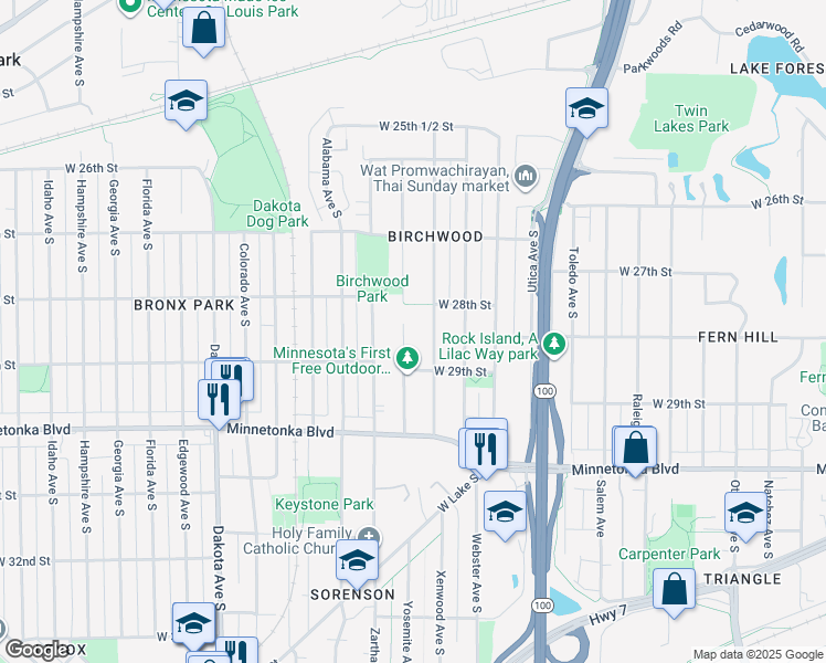 map of restaurants, bars, coffee shops, grocery stores, and more near 2832 Xenwood Avenue South in Minneapolis