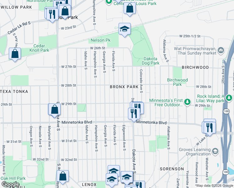 map of restaurants, bars, coffee shops, grocery stores, and more near 2841 Florida Avenue South in Minneapolis