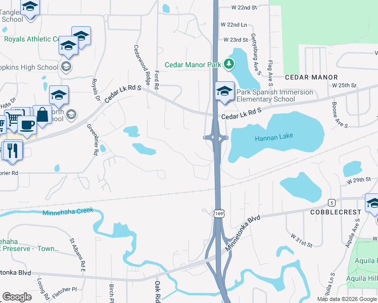 map of restaurants, bars, coffee shops, grocery stores, and more near 2828 Jordan Avenue South in Minnetonka