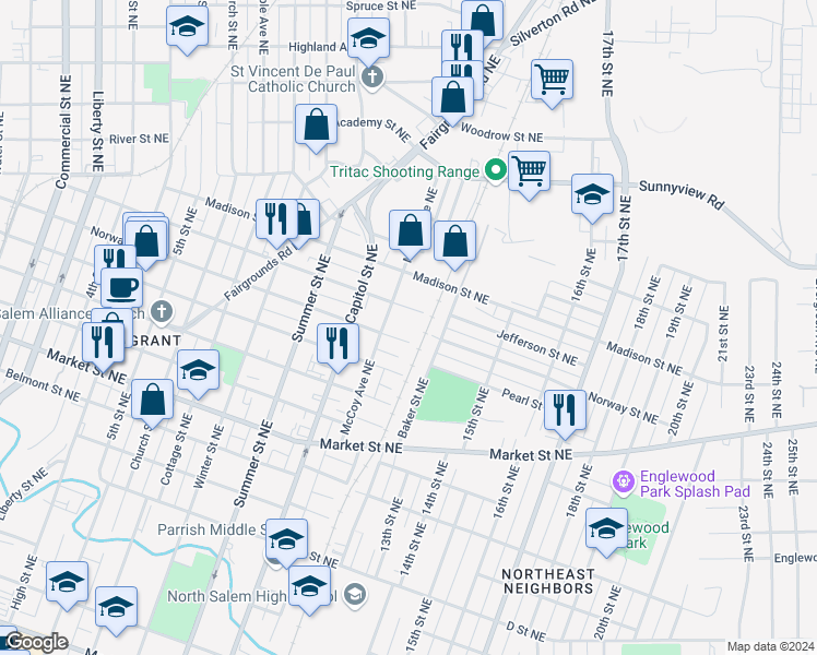map of restaurants, bars, coffee shops, grocery stores, and more near 1170 Norway Street Northeast in Salem