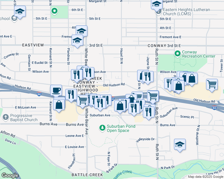 map of restaurants, bars, coffee shops, grocery stores, and more near 1880 Old Hudson Road in Saint Paul