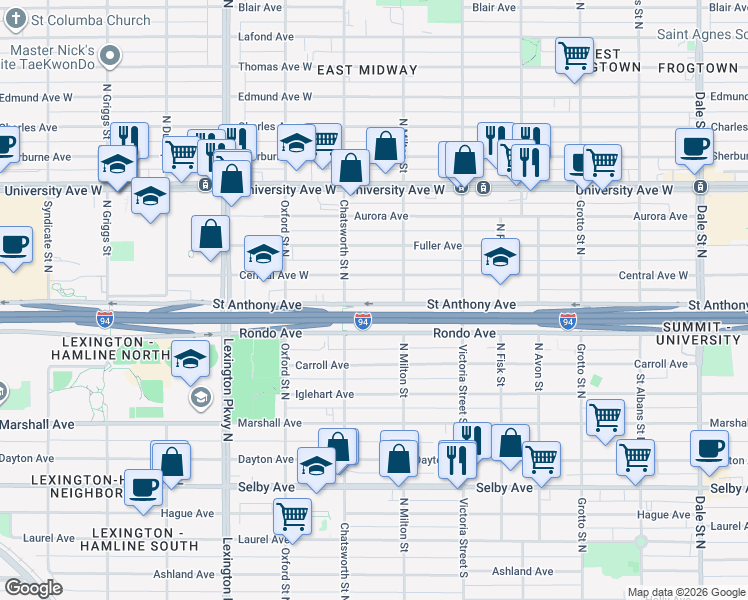 map of restaurants, bars, coffee shops, grocery stores, and more near 967 Saint Anthony Avenue in Saint Paul