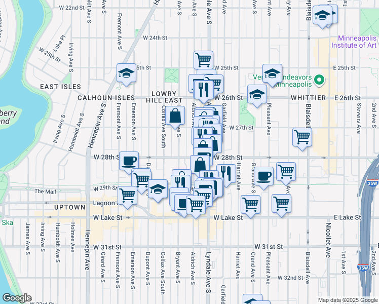 map of restaurants, bars, coffee shops, grocery stores, and more near 2756 Aldrich Avenue South in Minneapolis