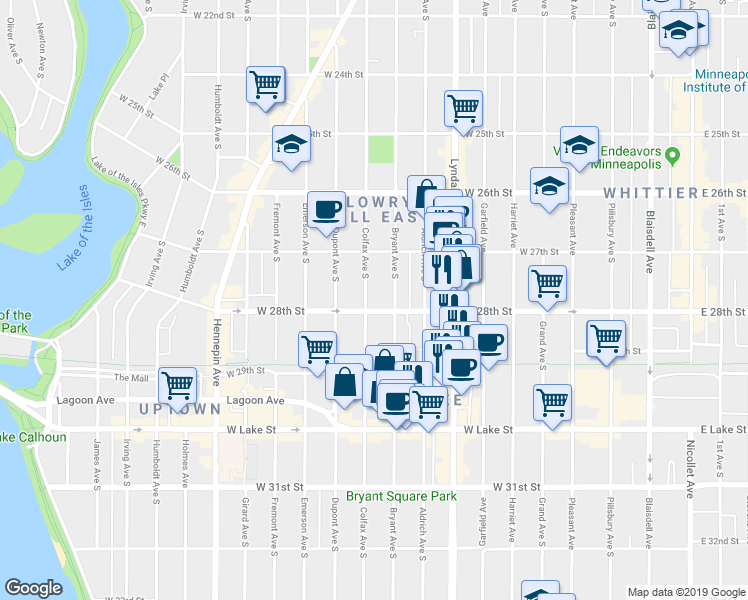 map of restaurants, bars, coffee shops, grocery stores, and more near 2752 Bryant Avenue South in Minneapolis