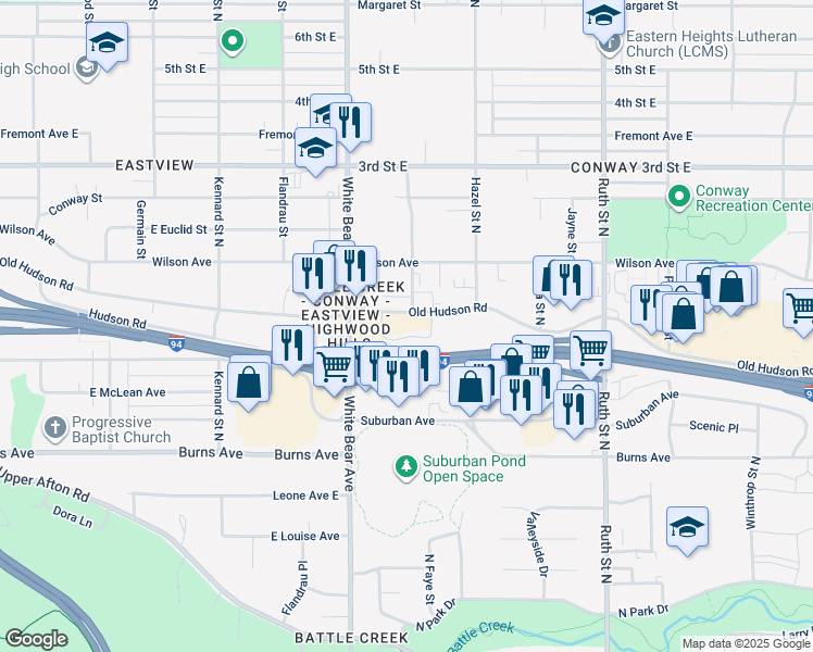 map of restaurants, bars, coffee shops, grocery stores, and more near 1824 Old Hudson Road in Saint Paul