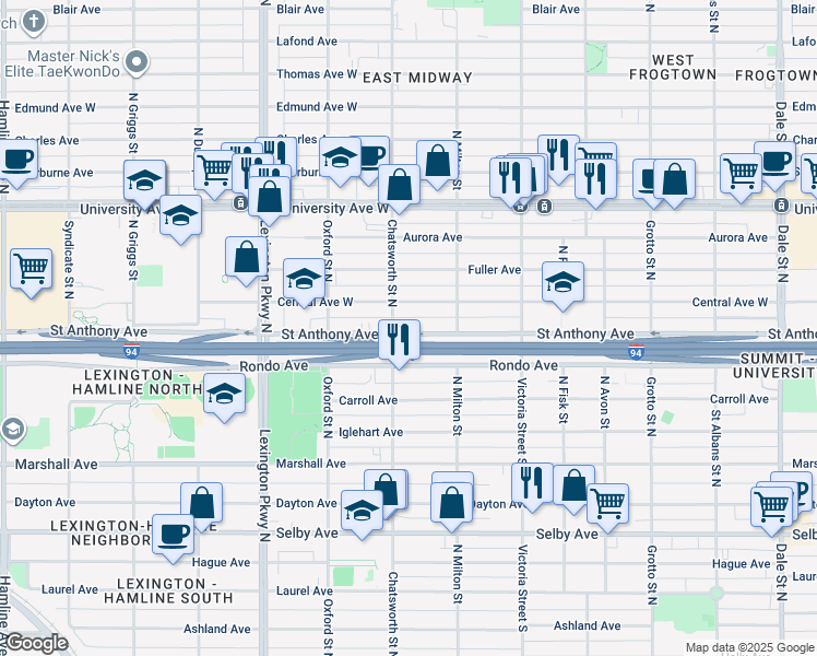 map of restaurants, bars, coffee shops, grocery stores, and more near 967 Saint Anthony Avenue in Saint Paul