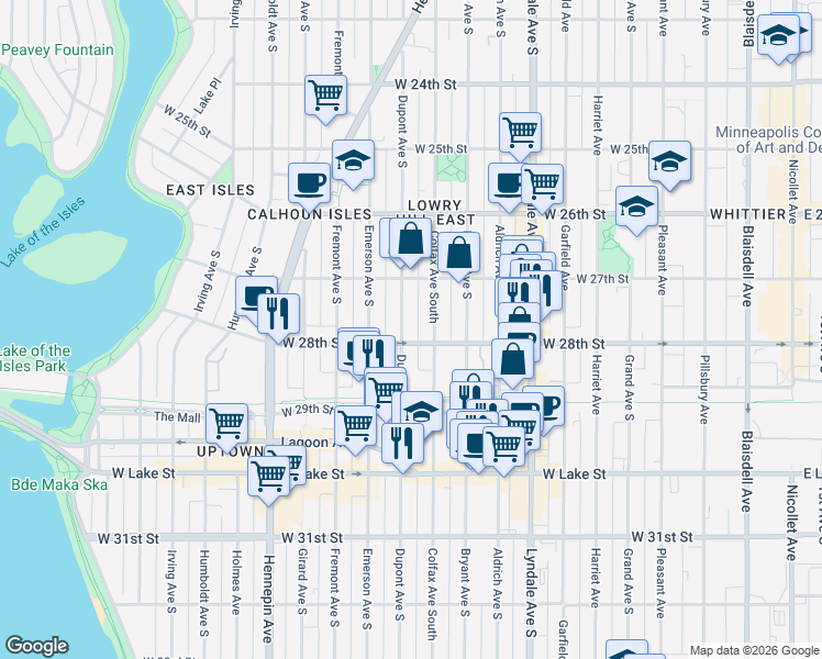 map of restaurants, bars, coffee shops, grocery stores, and more near in Minneapolis
