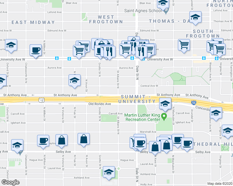 map of restaurants, bars, coffee shops, grocery stores, and more near 683 Saint Anthony Avenue in Saint Paul