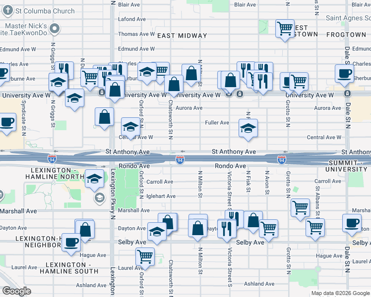 map of restaurants, bars, coffee shops, grocery stores, and more near 967 Saint Anthony Avenue in Saint Paul