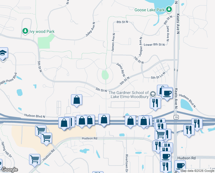 map of restaurants, bars, coffee shops, grocery stores, and more near 505 6th Street Lane North in Lake Elmo
