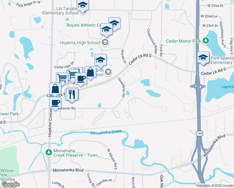 map of restaurants, bars, coffee shops, grocery stores, and more near 10501 Cedar Lake Road in Hopkins