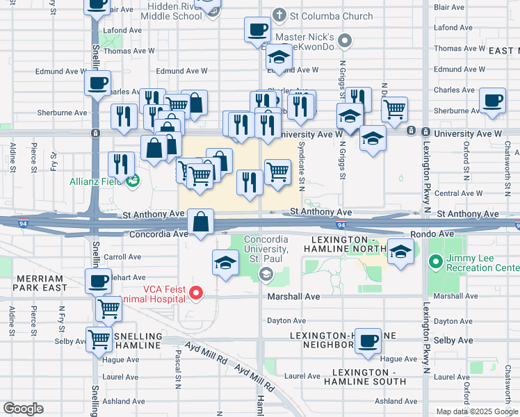 map of restaurants, bars, coffee shops, grocery stores, and more near 389 Hamline Avenue North in Saint Paul
