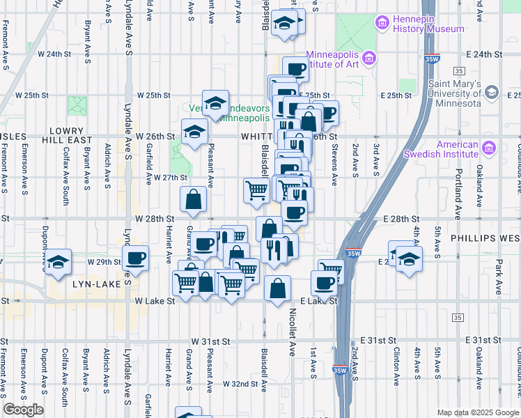 map of restaurants, bars, coffee shops, grocery stores, and more near 2742 Blaisdell Avenue in Minneapolis