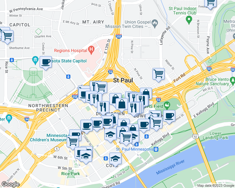 map of restaurants, bars, coffee shops, grocery stores, and more near in Saint Paul