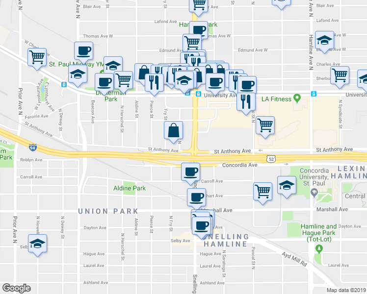 map of restaurants, bars, coffee shops, grocery stores, and more near 1599 Saint Anthony Avenue in Saint Paul