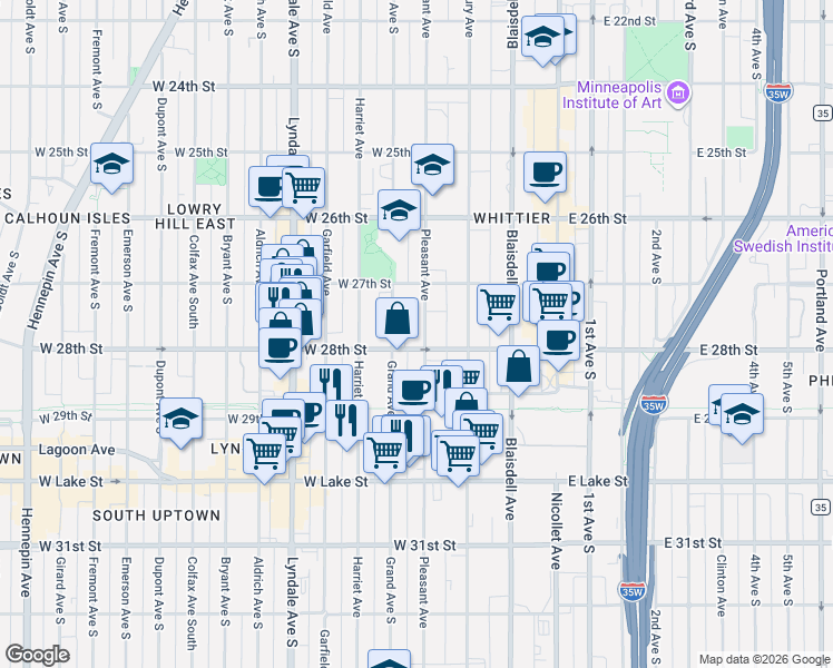 map of restaurants, bars, coffee shops, grocery stores, and more near 2740 Pleasant Avenue in Minneapolis