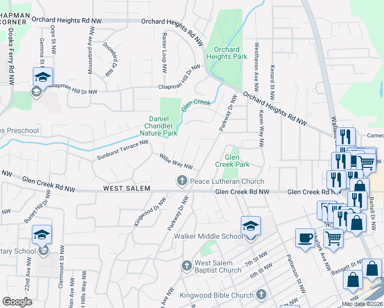 map of restaurants, bars, coffee shops, grocery stores, and more near 1247 Lottie Lane Northwest in Salem