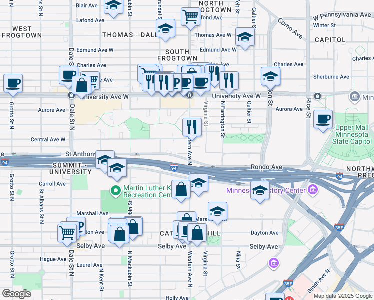 map of restaurants, bars, coffee shops, grocery stores, and more near 430 Saint Anthony Avenue in Saint Paul