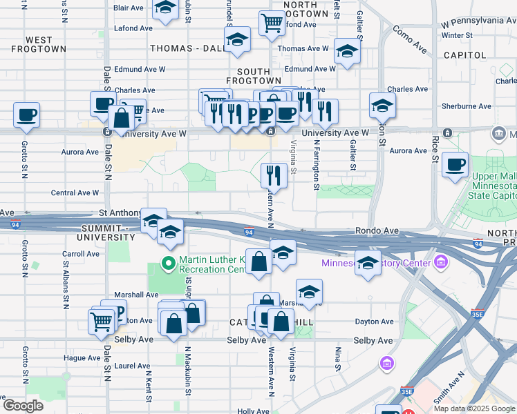 map of restaurants, bars, coffee shops, grocery stores, and more near 430 Saint Anthony Avenue in Saint Paul