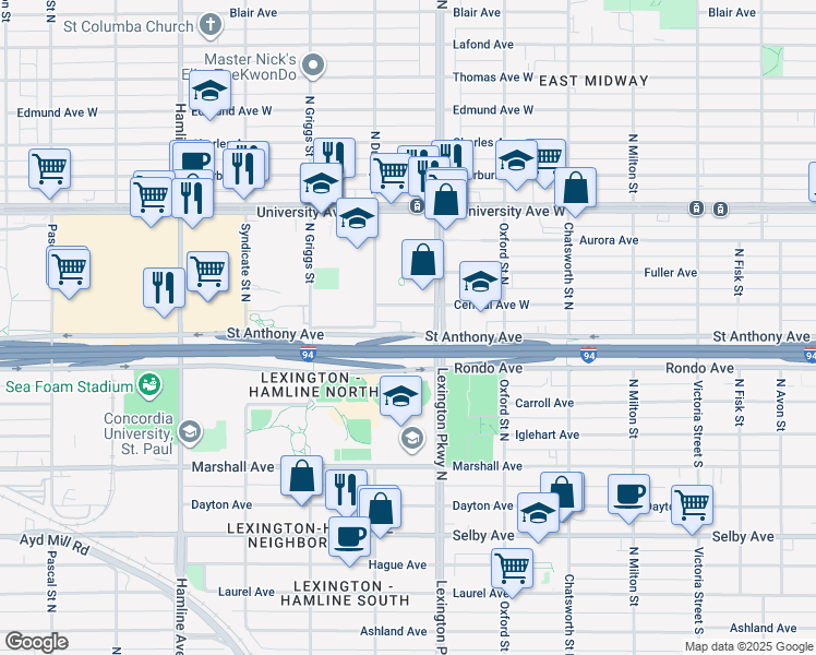 map of restaurants, bars, coffee shops, grocery stores, and more near 380 North Dunlap Street in Saint Paul