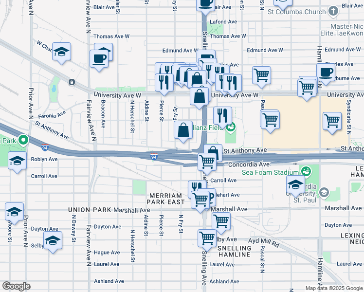 map of restaurants, bars, coffee shops, grocery stores, and more near 1629 Saint Anthony Avenue in Saint Paul