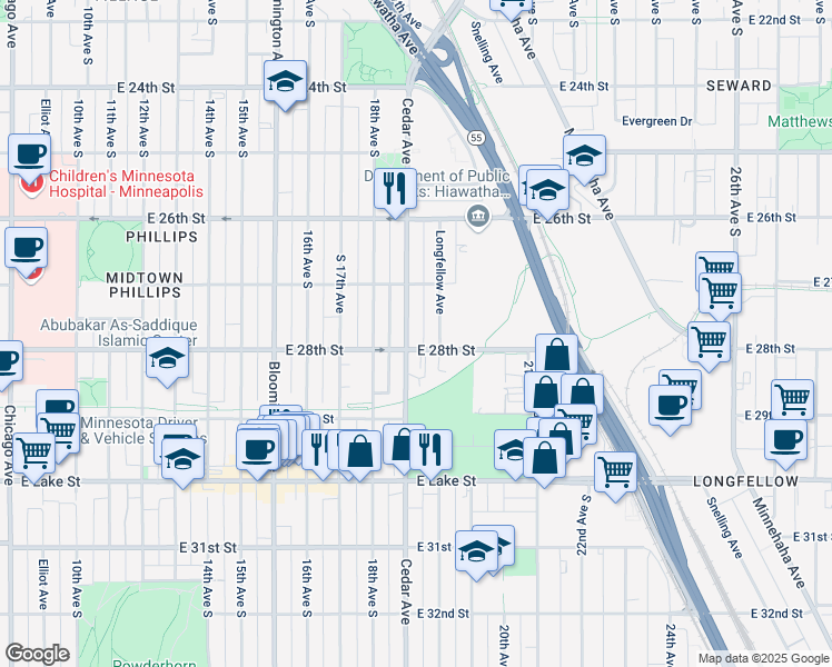 map of restaurants, bars, coffee shops, grocery stores, and more near 2800 Cedar Avenue in Minneapolis