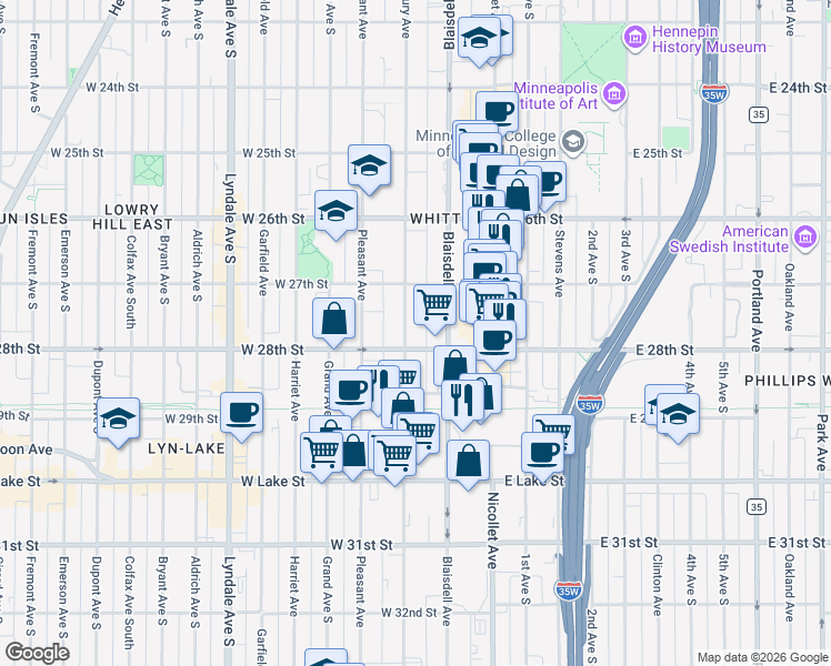 map of restaurants, bars, coffee shops, grocery stores, and more near 116 West 28th Street in Minneapolis