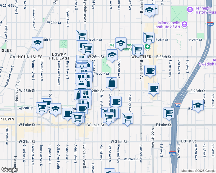 map of restaurants, bars, coffee shops, grocery stores, and more near in Minneapolis