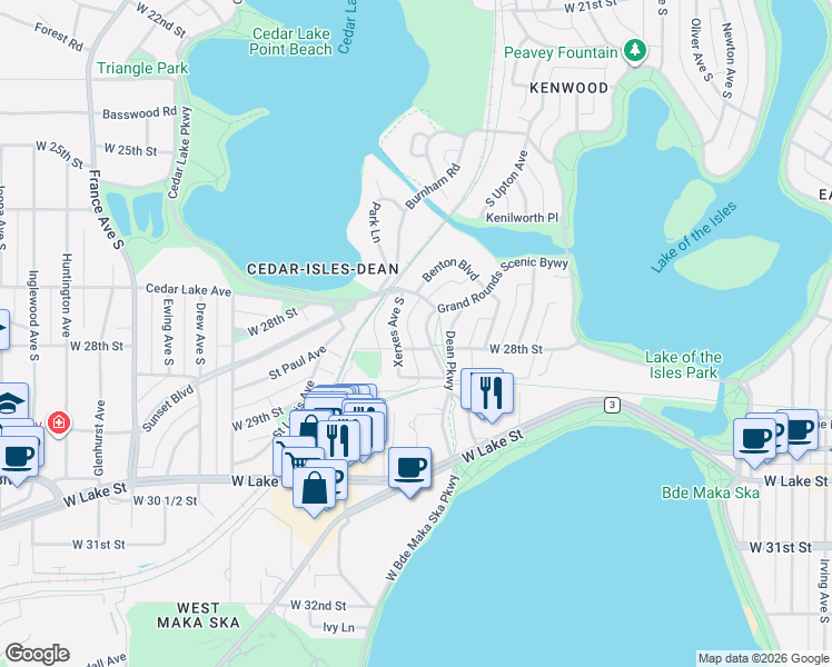 map of restaurants, bars, coffee shops, grocery stores, and more near 3046 West 28th Street in Minneapolis