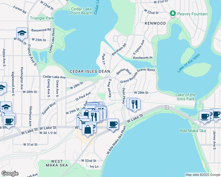 map of restaurants, bars, coffee shops, grocery stores, and more near 3046 West 28th Street in Minneapolis