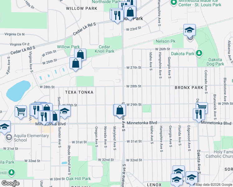 map of restaurants, bars, coffee shops, grocery stores, and more near 2821 Maryland Avenue South in Minneapolis