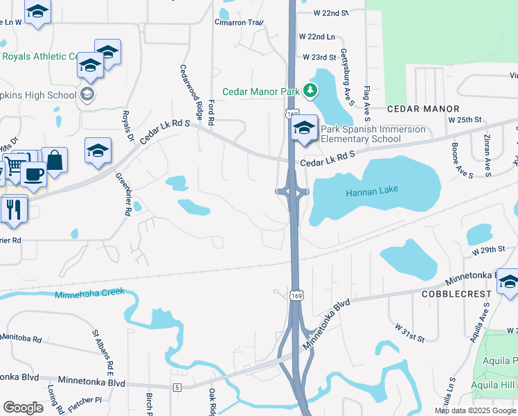 map of restaurants, bars, coffee shops, grocery stores, and more near 2828 Jordan Avenue South in Minnetonka