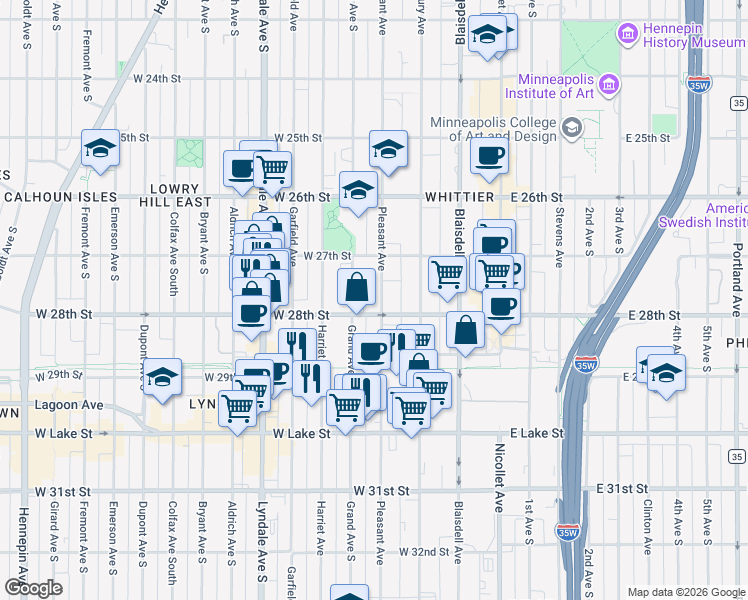 map of restaurants, bars, coffee shops, grocery stores, and more near 2745 Grand Avenue South in Minneapolis