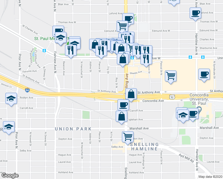 map of restaurants, bars, coffee shops, grocery stores, and more near 1629 Saint Anthony Avenue in Saint Paul