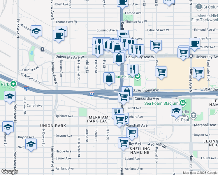 map of restaurants, bars, coffee shops, grocery stores, and more near 1629 Saint Anthony Avenue in Saint Paul