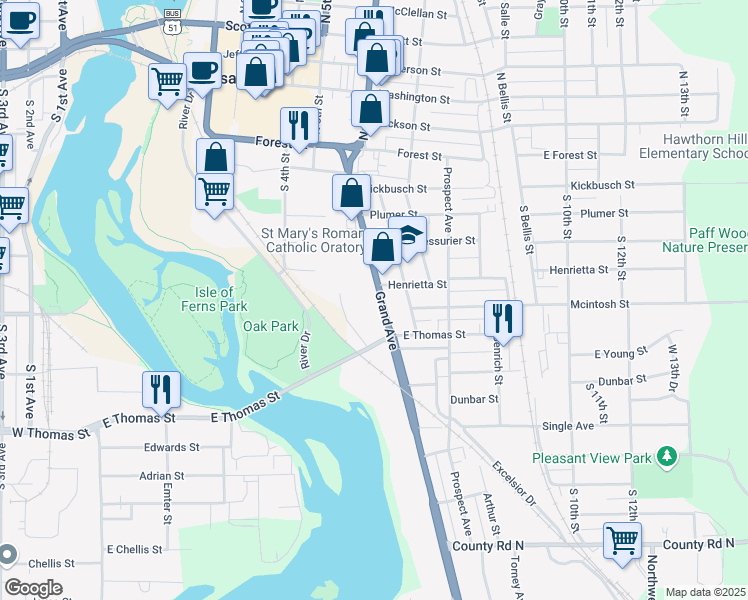 map of restaurants, bars, coffee shops, grocery stores, and more near 500 Grand Avenue in Wausau