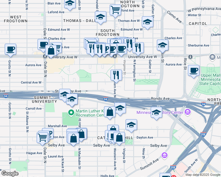 map of restaurants, bars, coffee shops, grocery stores, and more near 430 Saint Anthony Avenue in Saint Paul