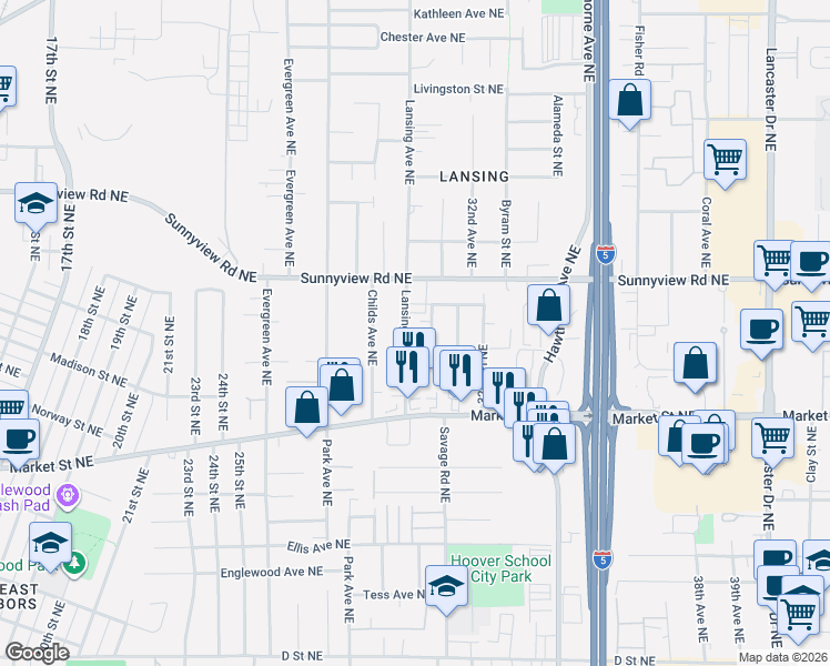 map of restaurants, bars, coffee shops, grocery stores, and more near 1823 31st Avenue Northeast in Salem