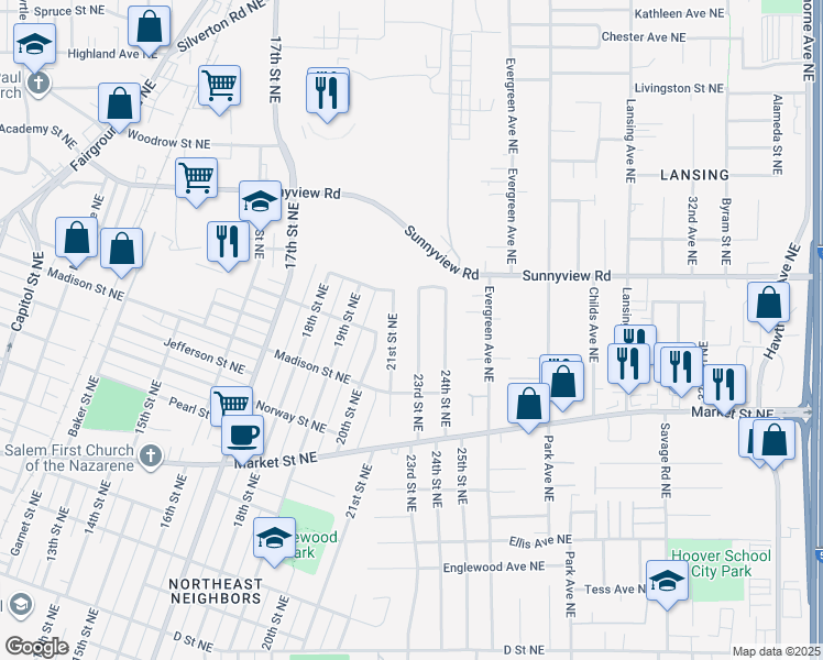 map of restaurants, bars, coffee shops, grocery stores, and more near 1915 23rd Street Northeast in Salem