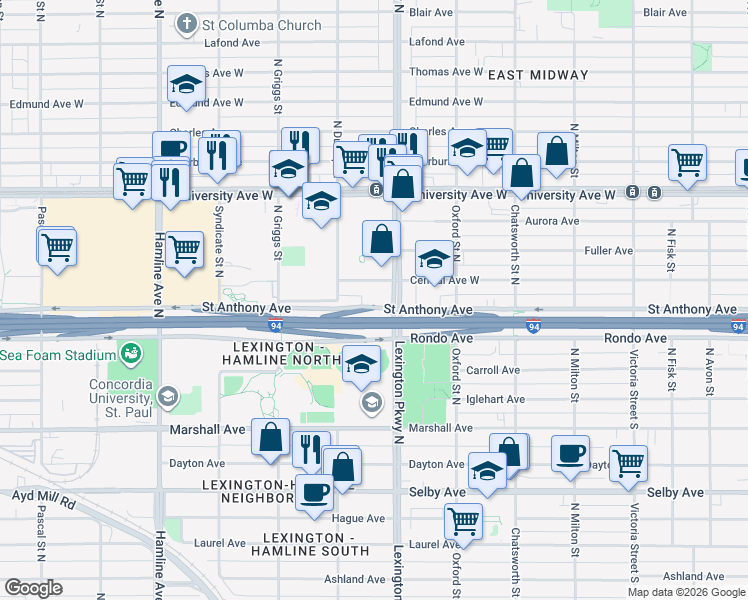map of restaurants, bars, coffee shops, grocery stores, and more near 375 Lexington Pkwy N in St Paul